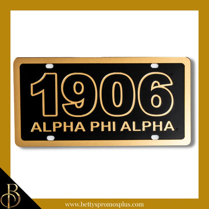 Alpha Phi Alpha ΑΦΑ 1906 with Alpha Phi Alpha Laser Engraved Mirrored Acrylic Auto Tag License Plate-Black Background-Gold Trim-Alpha Phi Alpha Paraphernalia-Alpha Phi Alpha Auto Tag-Betty's Promos Plus