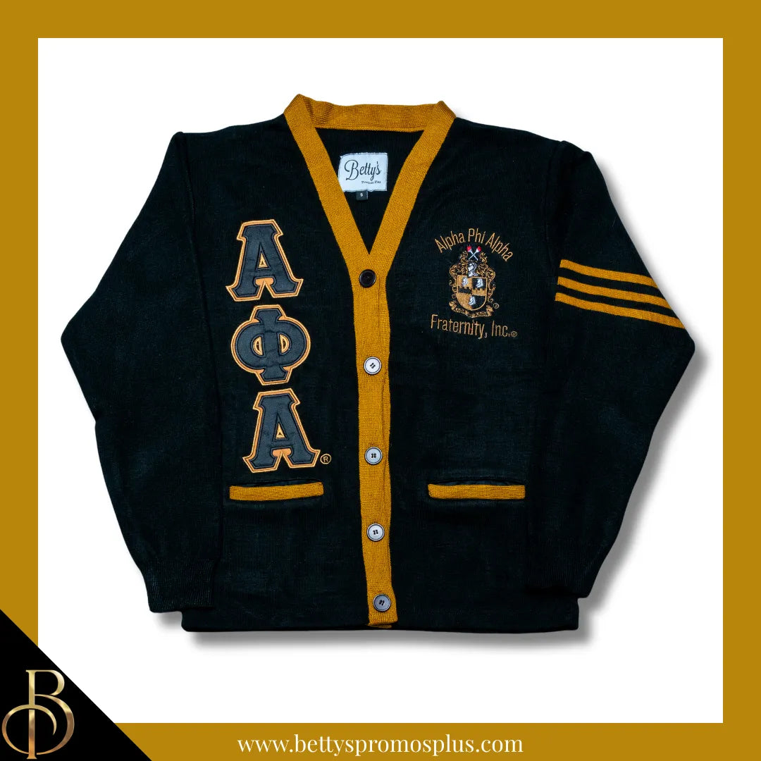 Alpha Phi Alpha ΑΦΑ Cardigan Sweater with Double Stitched Twill Embroidered Letters & ΑΦΑ Shield-Black-Old Gold Trim-Small-Alpha Phi Alpha Paraphernalia-Alpha Phi Alpha Sweaters-Betty's Promos Plus