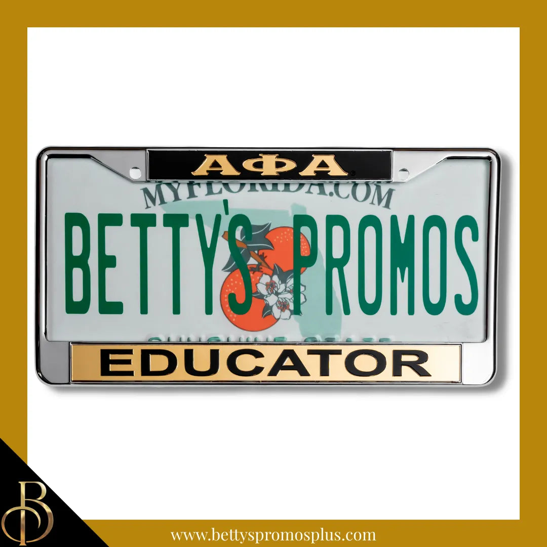 Alpha Phi Alpha ΑΦΑ Educator Chrome Laser Engraved Mirrored Acrylic Auto Tag License Plate Frame-Black Top-Gold Bottom-Alpha Phi Alpha Paraphernalia-Alpha Phi Alpha Auto Tag Frame-Betty's Promos Plus
