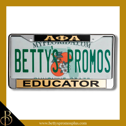 Alpha Phi Alpha ΑΦΑ Educator Chrome Laser Engraved Mirrored Acrylic Auto Tag License Plate Frame-Black Top-Gold Bottom-Alpha Phi Alpha Paraphernalia-Alpha Phi Alpha Auto Tag Frame-Betty's Promos Plus