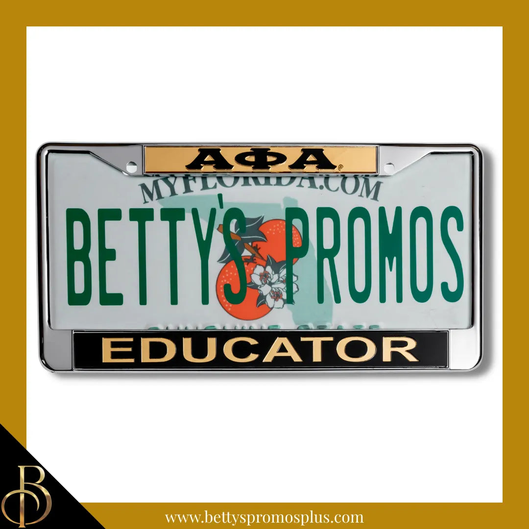 Alpha Phi Alpha ΑΦΑ Educator Chrome Laser Engraved Mirrored Acrylic Auto Tag License Plate Frame-Gold Top-Black Bottom-Alpha Phi Alpha Paraphernalia-Alpha Phi Alpha Auto Tag Frame-Betty's Promos Plus