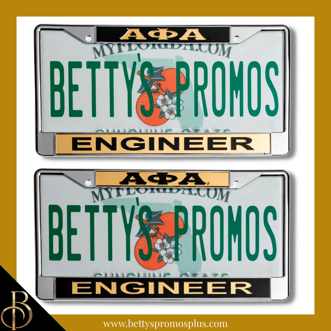Alpha Phi Alpha ΑΦΑ Engineer Chrome Laser Engraved Mirrored Acrylic Auto Tag License Plate Frame-Alpha Phi Alpha Paraphernalia-Alpha Phi Alpha Auto Tag Frame-Betty's Promos Plus