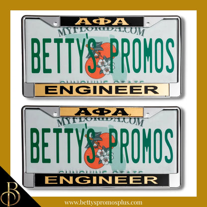 Alpha Phi Alpha ΑΦΑ Engineer Chrome Laser Engraved Mirrored Acrylic Auto Tag License Plate Frame-Alpha Phi Alpha Paraphernalia-Alpha Phi Alpha Auto Tag Frame-Betty's Promos Plus