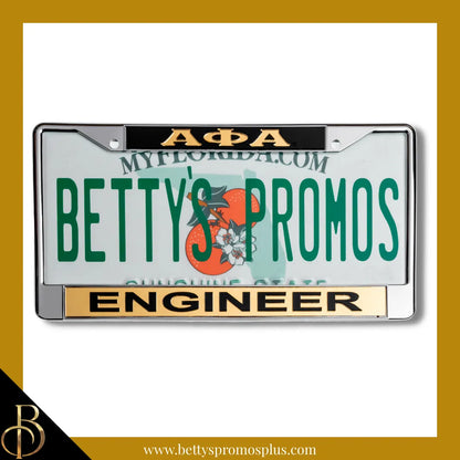 Alpha Phi Alpha ΑΦΑ Engineer Chrome Laser Engraved Mirrored Acrylic Auto Tag License Plate Frame-Black Top-Gold Bottom-Alpha Phi Alpha Paraphernalia-Alpha Phi Alpha Auto Tag Frame-Betty's Promos Plus