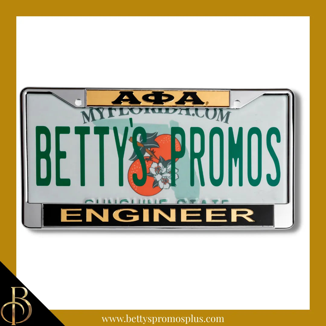 Alpha Phi Alpha ΑΦΑ Engineer Chrome Laser Engraved Mirrored Acrylic Auto Tag License Plate Frame-Gold Top-Black Bottom-Alpha Phi Alpha Paraphernalia-Alpha Phi Alpha Auto Tag Frame-Betty's Promos Plus