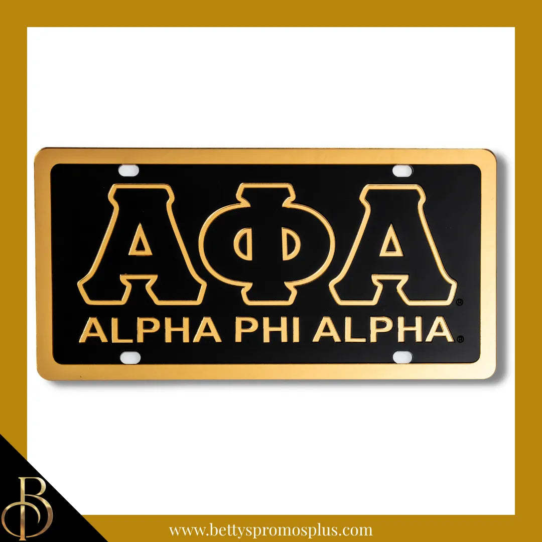 Alpha Phi Alpha ΑΦΑ Letters with Alpha Phi Alpha Laser Engraved Mirrored Acrylic Auto Tag License Plate-Black Background-Gold Trim-Alpha Phi Alpha Paraphernalia-Alpha Phi Alpha Auto Tag-Betty's Promos Plus