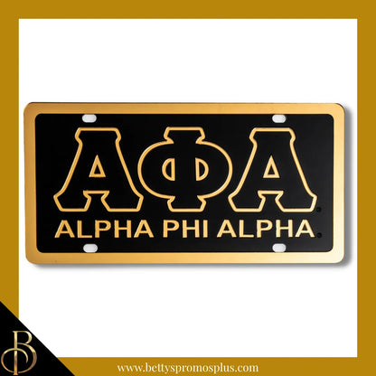 Alpha Phi Alpha ΑΦΑ Letters with Alpha Phi Alpha Laser Engraved Mirrored Acrylic Auto Tag License Plate-Black Background-Gold Trim-Alpha Phi Alpha Paraphernalia-Alpha Phi Alpha Auto Tag-Betty's Promos Plus
