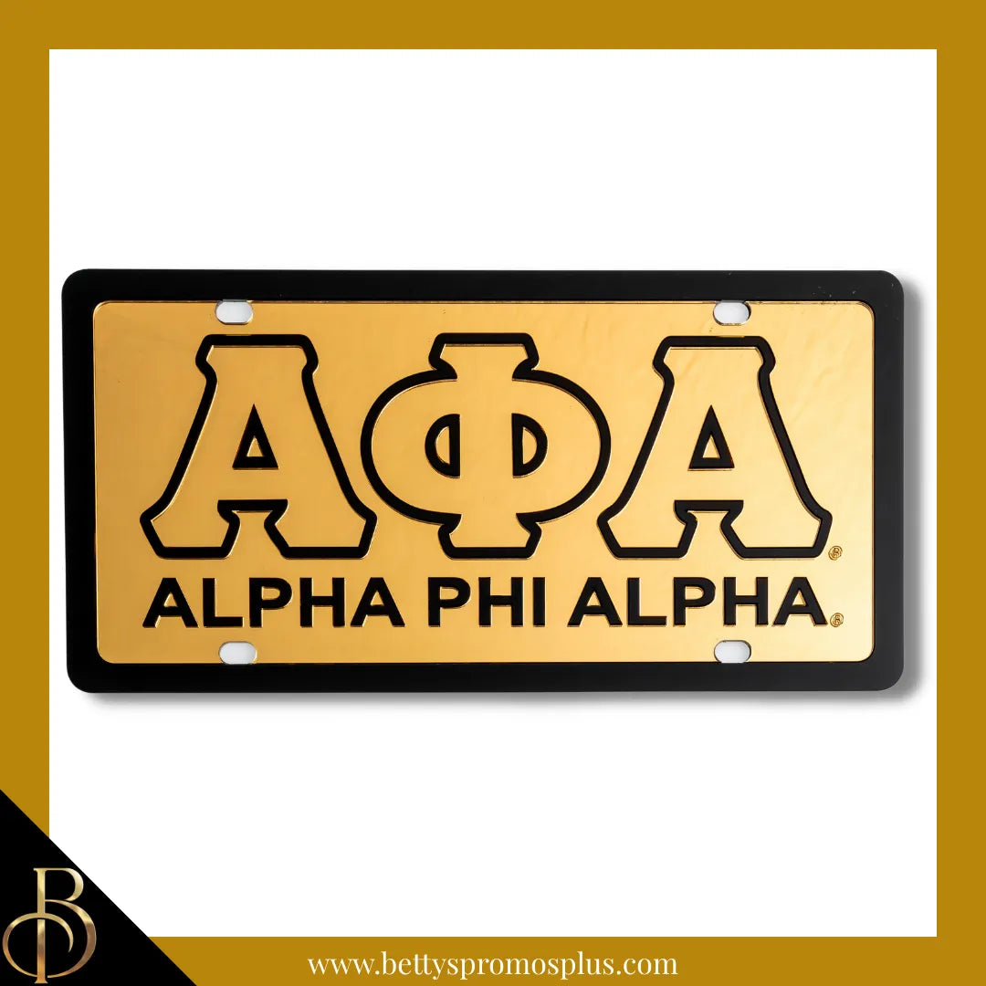 Alpha Phi Alpha ΑΦΑ Letters with Alpha Phi Alpha Laser Engraved Mirrored Acrylic Auto Tag License Plate-Gold Background-Black Trim-Alpha Phi Alpha Paraphernalia-Alpha Phi Alpha Auto Tag-Betty's Promos Plus