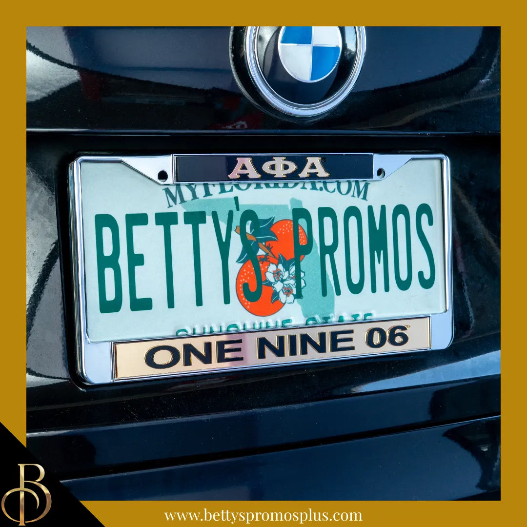 Alpha Phi Alpha ΑΦΑ One Nine 06 Chrome Laser Engraved Mirrored Acrylic Auto Tag License Plate Frame-Alpha Phi Alpha Paraphernalia-Alpha Phi Alpha Auto Tag Frame-Betty's Promos Plus