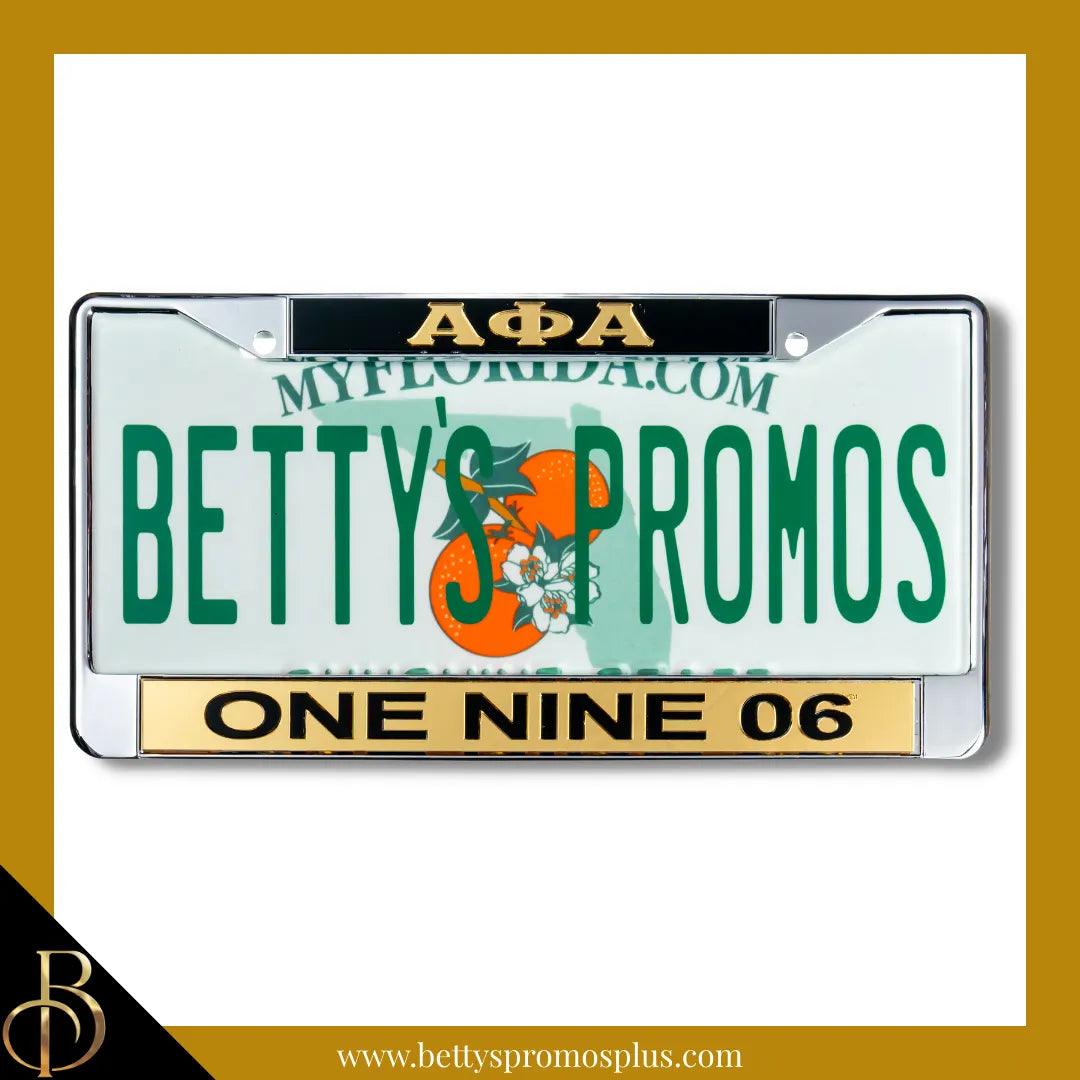 Alpha Phi Alpha ΑΦΑ One Nine 06 Chrome Laser Engraved Mirrored Acrylic Auto Tag License Plate Frame-Alpha Phi Alpha Paraphernalia-Alpha Phi Alpha Auto Tag Frame-Betty's Promos Plus