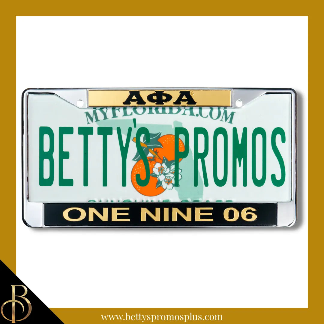 Alpha Phi Alpha ΑΦΑ One Nine 06 Chrome Laser Engraved Mirrored Acrylic Auto Tag License Plate Frame-Black Bottom-Alpha Phi Alpha Paraphernalia-Alpha Phi Alpha Auto Tag Frame-Betty's Promos Plus