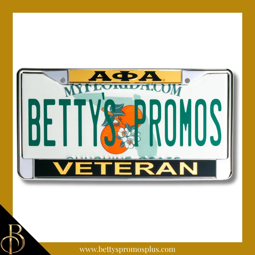 Alpha Phi Alpha ΑΦΑ Veteran Chrome Laser Engraved Mirrored Acrylic Auto Tag License Plate Frame-Gold Top-Black Bottom-Alpha Phi Alpha Paraphernalia-Alpha Phi Alpha Auto Tag Frame-Betty's Promos Plus