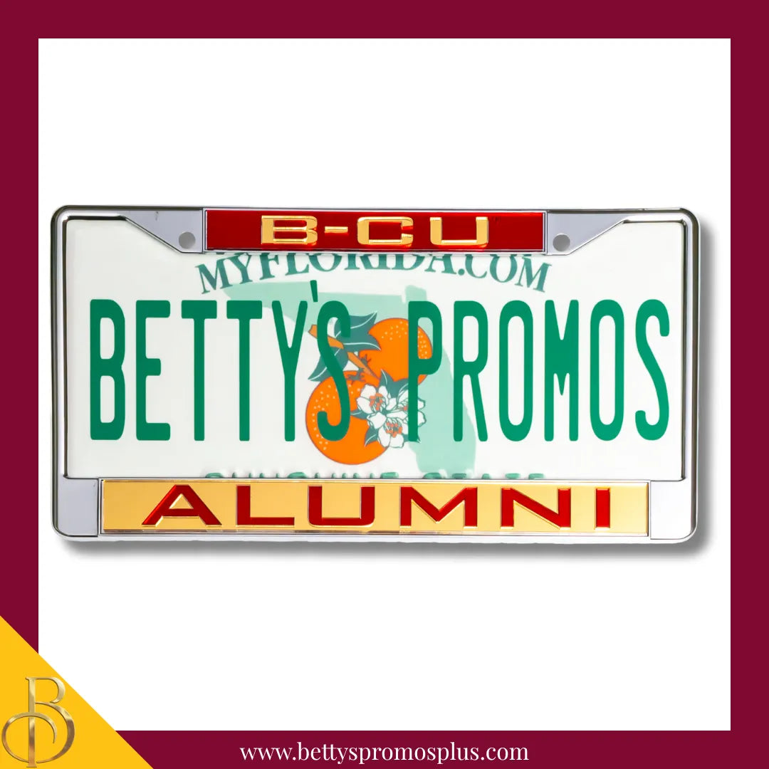 Bethune-Cookman University B-CU Alumni Chrome Laser Engraved Mirrored Acrylic Auto Tag License Plate Frame-Gold Bottom-BCU Paraphernalia-BCU Auto Tag Frame-Betty's Promos Plus