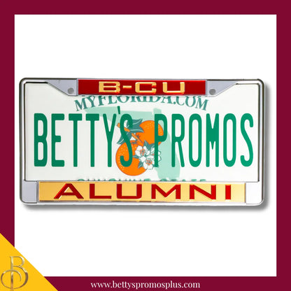 Bethune-Cookman University B-CU Alumni Chrome Laser Engraved Mirrored Acrylic Auto Tag License Plate Frame-Gold Bottom-BCU Paraphernalia-BCU Auto Tag Frame-Betty's Promos Plus