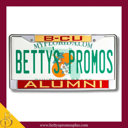 Bethune-Cookman University B-CU Alumni Chrome Laser Engraved Mirrored Acrylic Auto Tag License Plate Frame-Maroon Bottom-BCU Paraphernalia-BCU Auto Tag Frame-Betty's Promos Plus