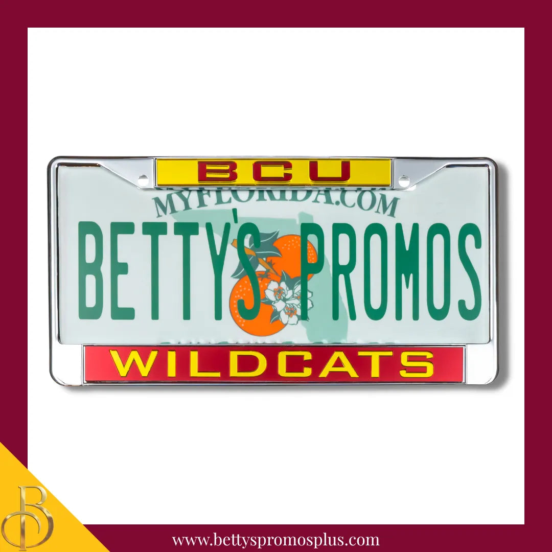 Bethune-Cookman University B-CU Wildcats Chrome Laser Engraved Mirrored Acrylic Auto Tag License Plate Frame-BCU Paraphernalia-BCU Auto Tag Frame-Betty's Promos Plus