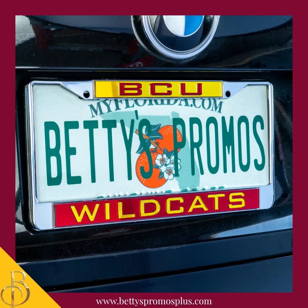 Bethune-Cookman University B-CU Wildcats Chrome Laser Engraved Mirrored Acrylic Auto Tag License Plate Frame-BCU Paraphernalia-BCU Auto Tag Frame-Betty's Promos Plus