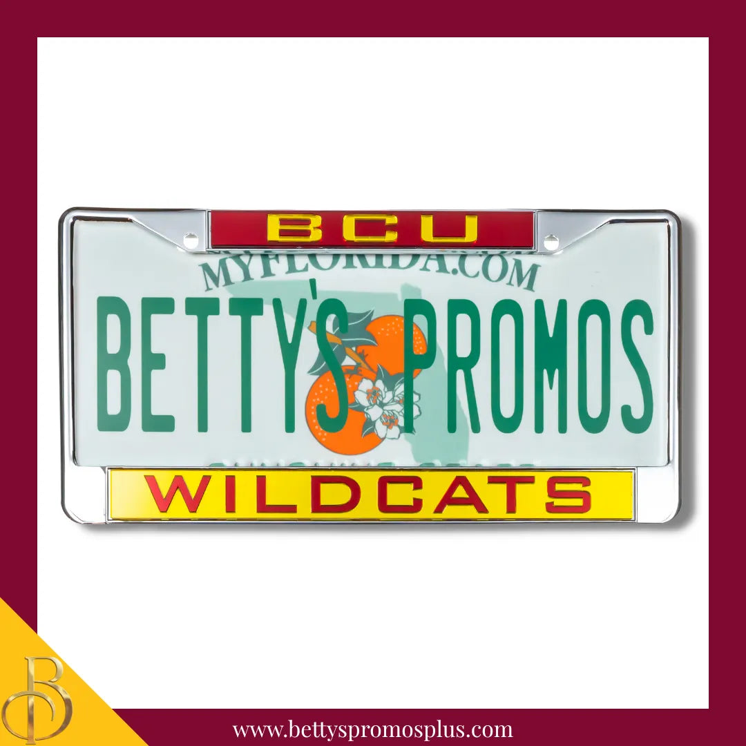 Bethune-Cookman University B-CU Wildcats Chrome Laser Engraved Mirrored Acrylic Auto Tag License Plate Frame-BCU Paraphernalia-BCU Auto Tag Frame-Betty's Promos Plus