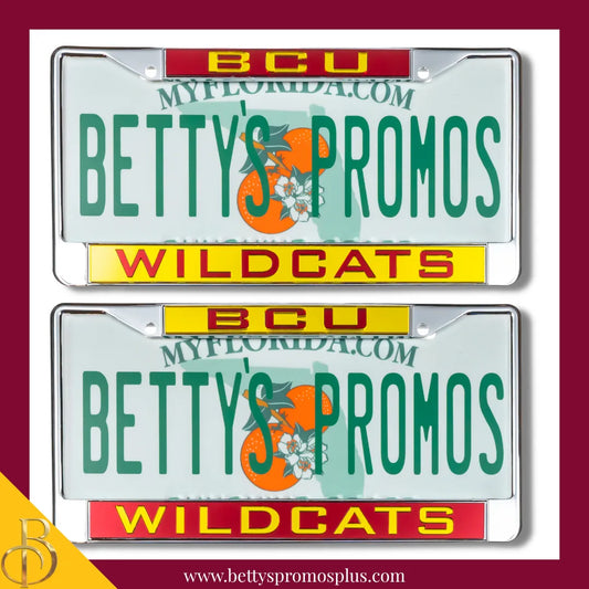 Bethune-Cookman University B-CU Wildcats Chrome Laser Engraved Mirrored Acrylic Auto Tag License Plate Frame-BCU Paraphernalia-BCU Auto Tag Frame-Betty's Promos Plus