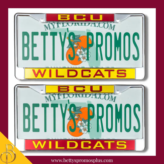 Bethune-Cookman University B-CU Wildcats Chrome Laser Engraved Mirrored Acrylic Auto Tag License Plate Frame-BCU Paraphernalia-BCU Auto Tag Frame-Betty's Promos Plus