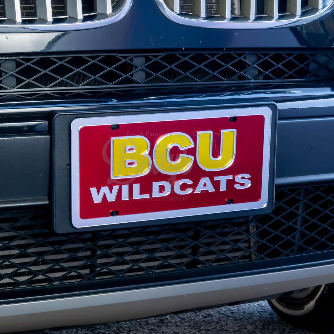 Bethune-Cookman University B-CU Wildcats Laser Engraved Mirrored Acrylic Auto Tag License Plate-BCU Paraphernalia-BCU Auto Tag-Betty's Promos Plus