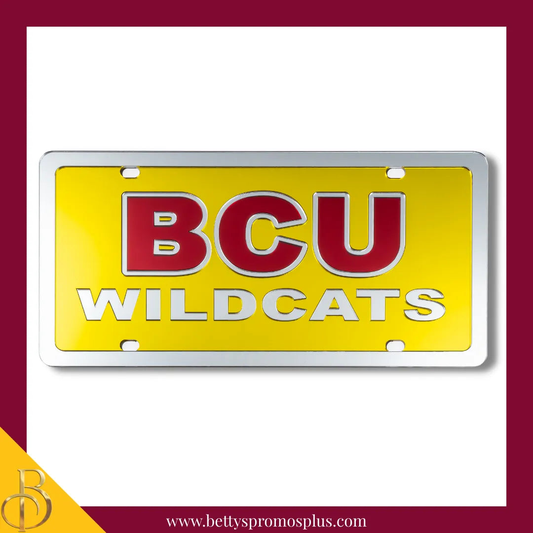 Bethune-Cookman University B-CU Wildcats Laser Engraved Mirrored Acrylic Auto Tag License Plate-BCU Paraphernalia-BCU Auto Tag-Betty's Promos Plus