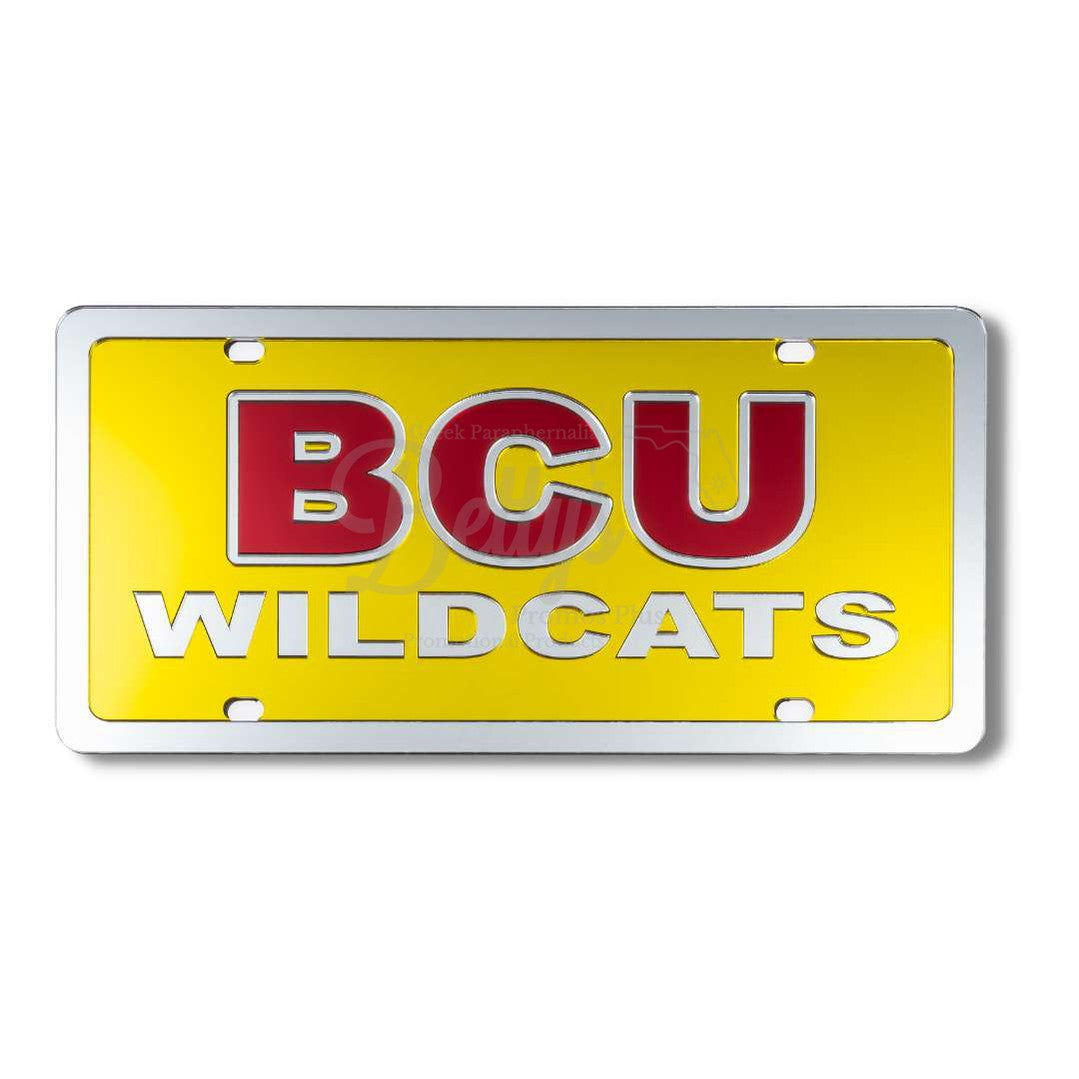 Bethune-Cookman University B-CU Wildcats Laser Engraved Mirrored Acrylic Auto Tag License Plate-Gold Background-BCU Paraphernalia-BCU Auto Tag-Betty's Promos Plus