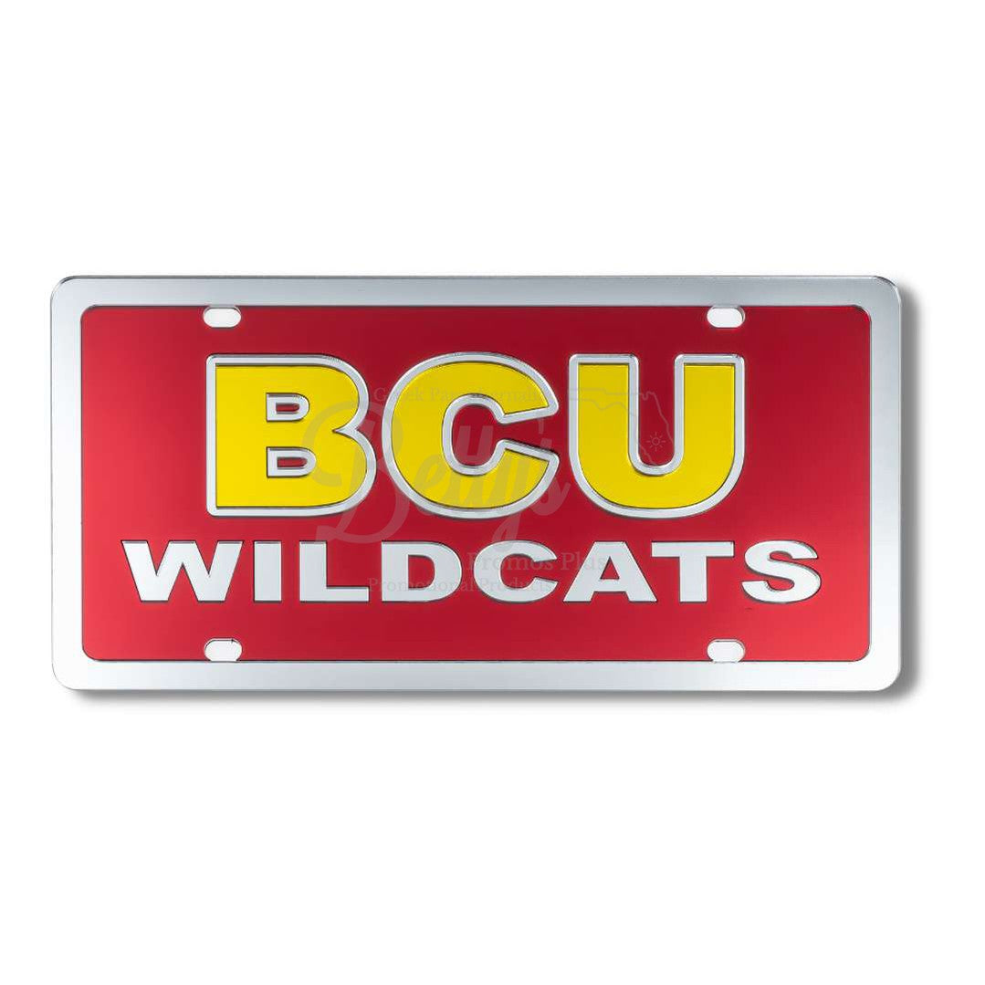 Bethune-Cookman University B-CU Wildcats Laser Engraved Mirrored Acrylic Auto Tag License Plate-Maroon Background-BCU Paraphernalia-BCU Auto Tag-Betty's Promos Plus