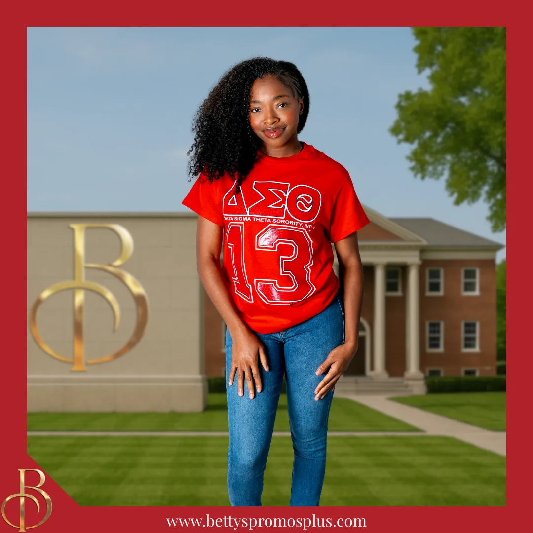 Delta Sigma Theta ΔΣΘ 13 GLITTER Screen Printed T-Shirt-Delta Sigma Theta Paraphernalia-Delta Sigma Theta T-Shirts-Betty's Promos Plus