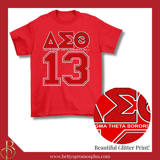 Delta Sigma Theta ΔΣΘ 13 GLITTER Screen Printed T-Shirt-Red-Glitter-Small-Delta Sigma Theta Paraphernalia-Delta Sigma Theta T-Shirts-Betty's Promos Plus