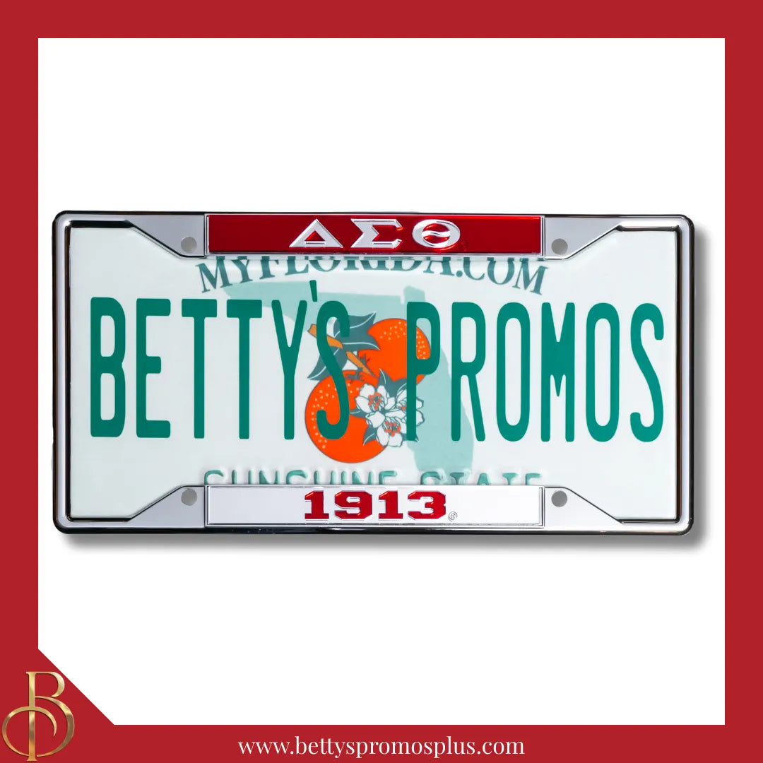 Delta Sigma Theta ΔΣΘ 1913 Chrome Laser Engraved Mirrored Acrylic Auto Tag License Plate Frame-Delta Sigma Theta Paraphernalia-Delta Sigma Theta Auto Tag Frame-Betty's Promos Plus
