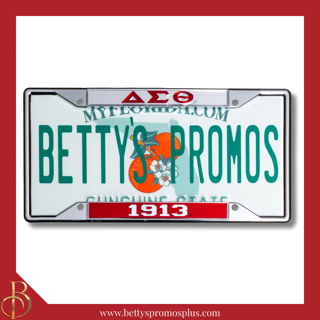 Delta Sigma Theta ΔΣΘ 1913 Chrome Laser Engraved Mirrored Acrylic Auto Tag License Plate Frame-Red Bottom-Delta Sigma Theta Paraphernalia-Delta Sigma Theta Auto Tag Frame-Betty's Promos Plus