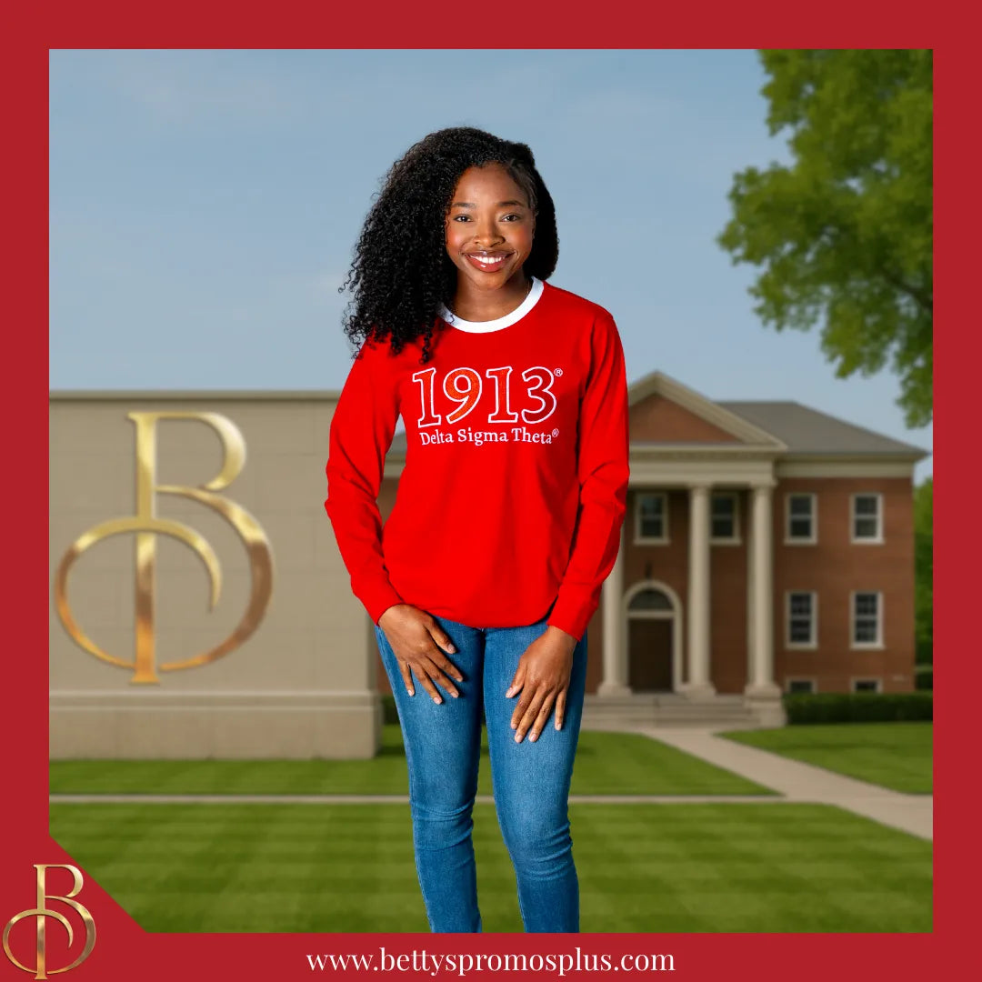 Delta Sigma Theta ΔΣΘ 1913 Embroidered Long Sleeve T-Shirt-Delta Sigma Theta Paraphernalia-Delta Sigma Theta T-Shirts-Betty's Promos Plus