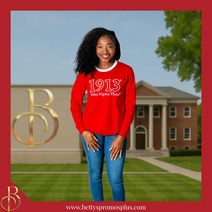 Delta Sigma Theta ΔΣΘ 1913 Embroidered Long Sleeve T-Shirt-Delta Sigma Theta Paraphernalia-Delta Sigma Theta T-Shirts-Betty's Promos Plus