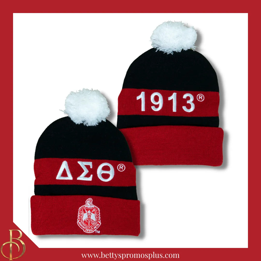 Delta Sigma Theta ΔΣΘ 1913 Embroidered Shield Knit Crest Beanie-Black-Delta Sigma Theta Paraphernalia-Delta Sigma Theta Hats-Betty's Promos Plus