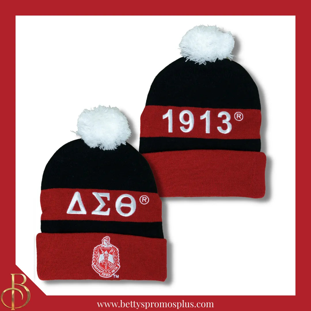 Delta Sigma Theta ΔΣΘ 1913 Embroidered Shield Knit Crest Beanie-Black-Delta Sigma Theta Paraphernalia-Delta Sigma Theta Hats-Betty's Promos Plus