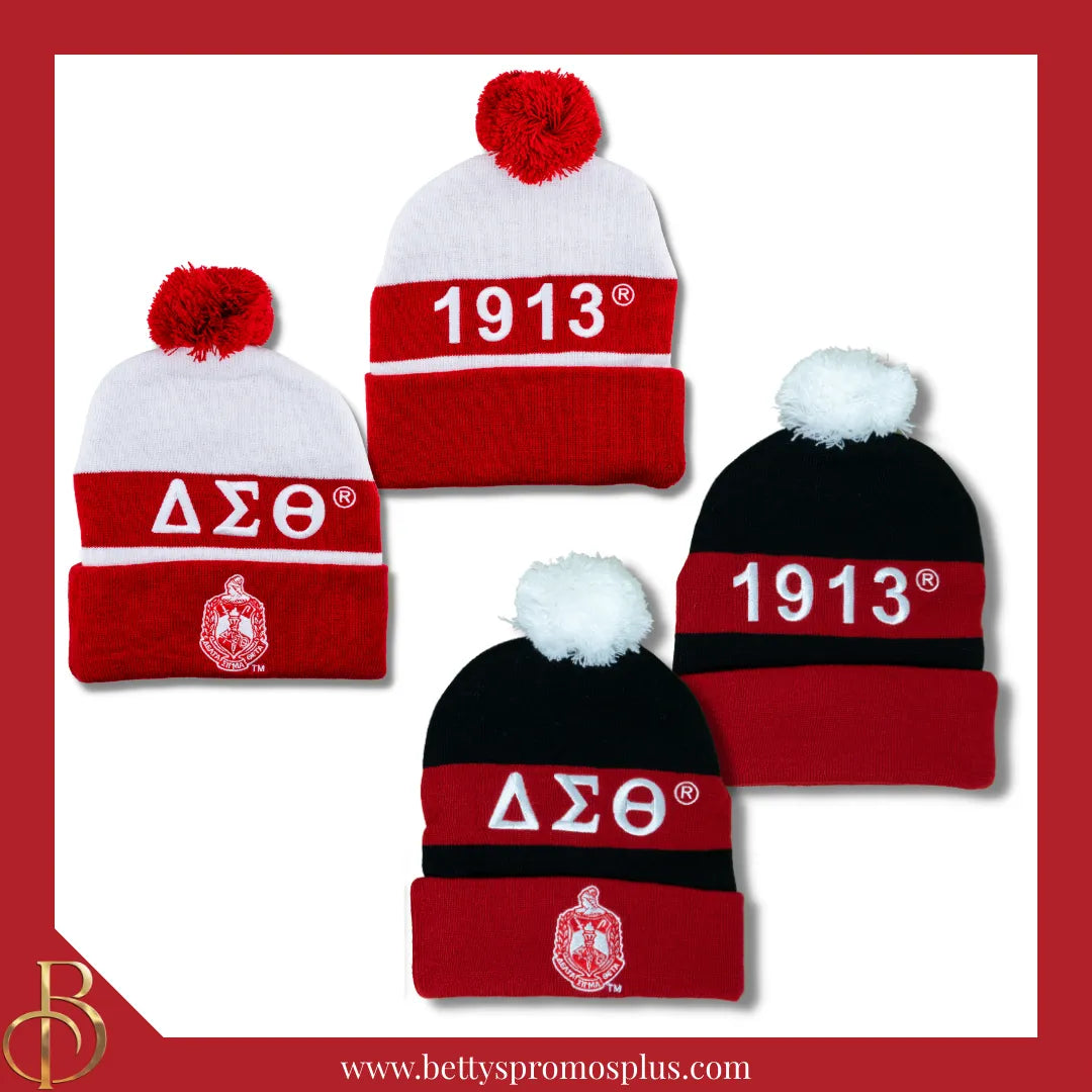 Delta Sigma Theta ΔΣΘ 1913 Embroidered Shield Knit Crest Beanie-Delta Sigma Theta Paraphernalia-Delta Sigma Theta Hats-Betty's Promos Plus