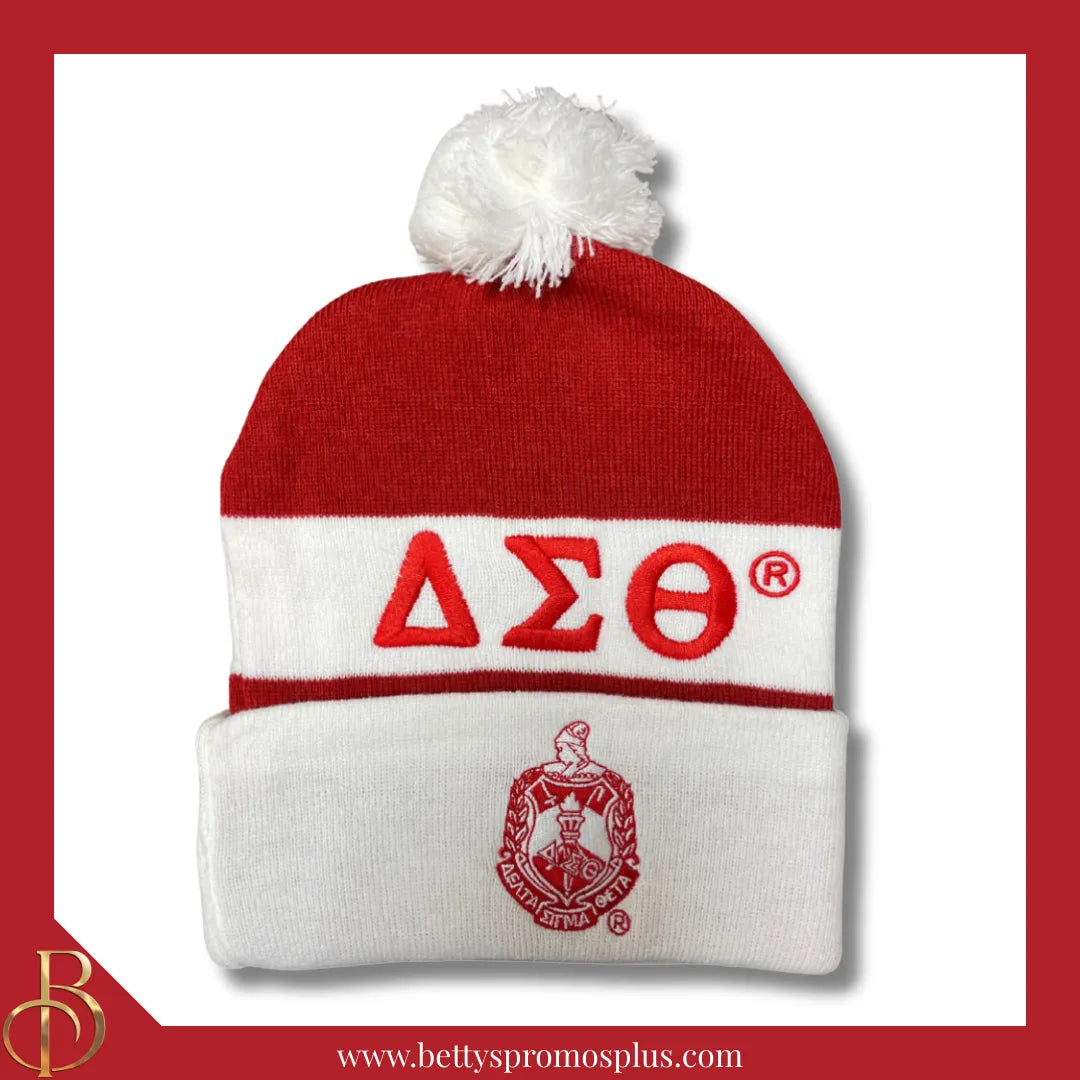 Delta Sigma Theta ΔΣΘ 1913 Embroidered Shield Knit Crest Beanie-White-Delta Sigma Theta Paraphernalia-Delta Sigma Theta Hats-Betty's Promos Plus
