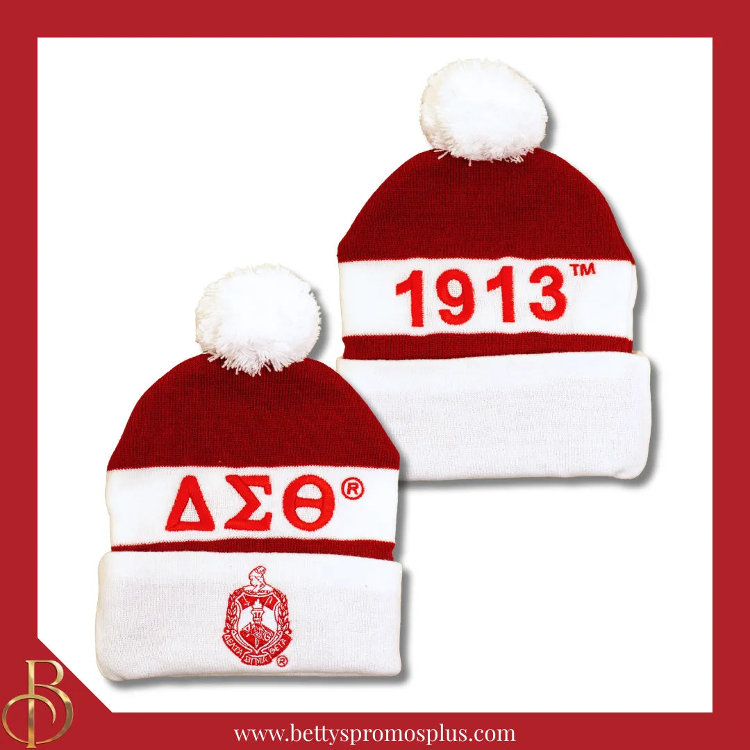 Delta Sigma Theta ΔΣΘ 1913 Embroidered Shield Knit Crest Beanie-White-Delta Sigma Theta Paraphernalia-Delta Sigma Theta Hats-Betty's Promos Plus