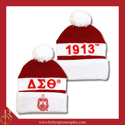 Delta Sigma Theta ΔΣΘ 1913 Embroidered Shield Knit Crest Beanie-White-Delta Sigma Theta Paraphernalia-Delta Sigma Theta Hats-Betty's Promos Plus