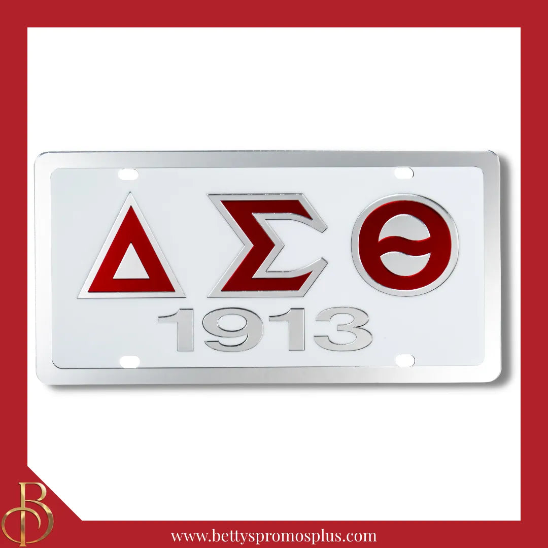 Delta Sigma Theta ΔΣΘ 1913 Laser Engraved Mirrored Acrylic Auto Tag License Plate-Delta Sigma Theta Paraphernalia-Delta Sigma Theta Auto Tag-Betty's Promos Plus