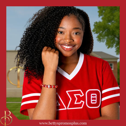 Delta Sigma Theta ΔΣΘ 1913 Red Marbled Beaded Bracelet with Rhinestone Spacers-Delta Sigma Theta Paraphernalia-Delta Sigma Theta Bracelet-Betty's Promos Plus