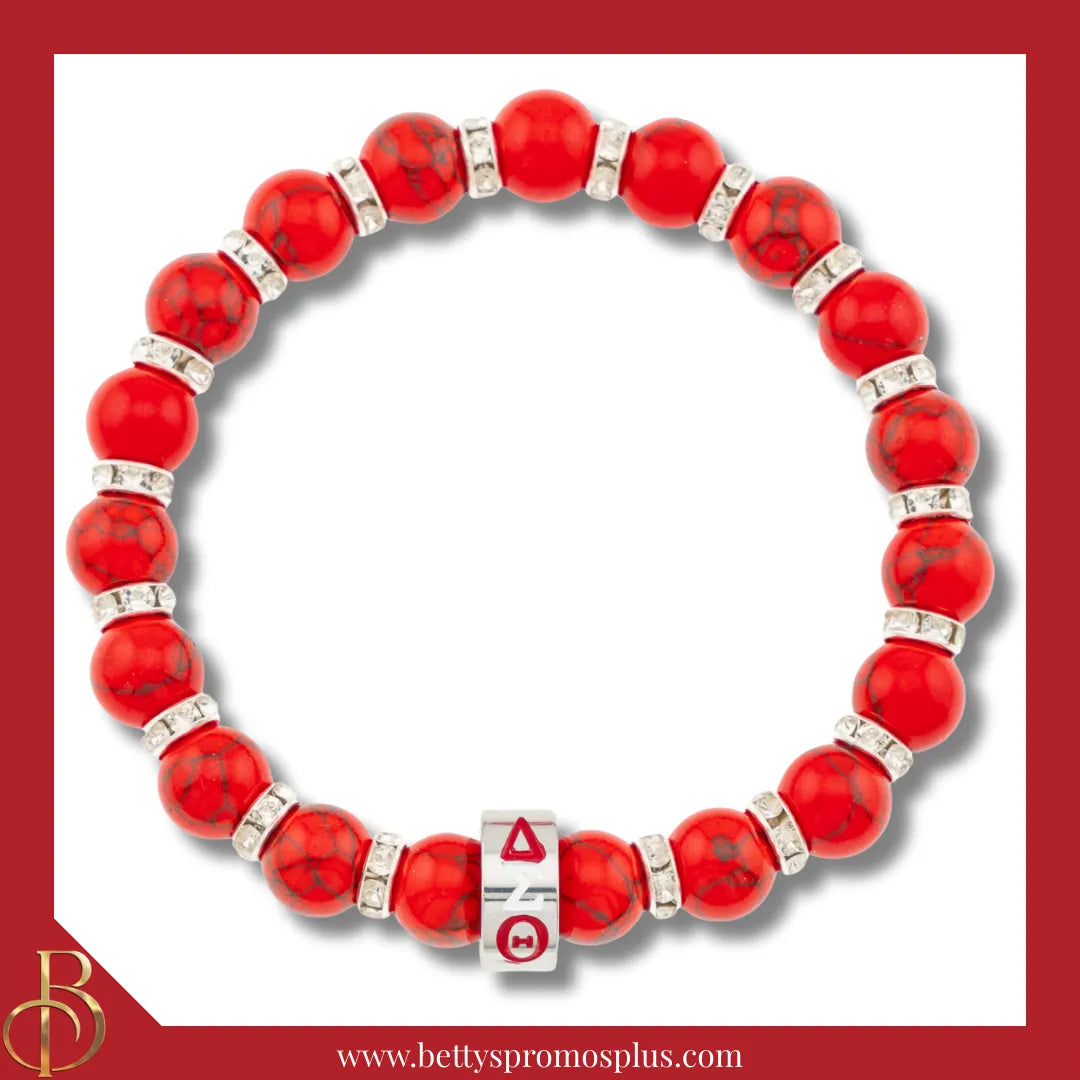 Delta Sigma Theta ΔΣΘ 1913 Red Marbled Beaded Bracelet with Rhinestone Spacers-Delta Sigma Theta Paraphernalia-Delta Sigma Theta Bracelet-Betty's Promos Plus