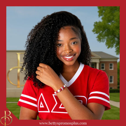 Delta Sigma Theta ΔΣΘ 1913 Red & White Marbled Beaded Bracelet with Rhinestone Spacers-Delta Sigma Theta Paraphernalia-Delta Sigma Theta Bracelet-Betty's Promos Plus