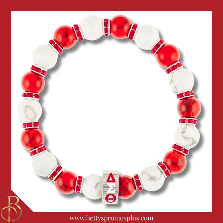 Delta Sigma Theta ΔΣΘ 1913 Red & White Marbled Beaded Bracelet with Rhinestone Spacers