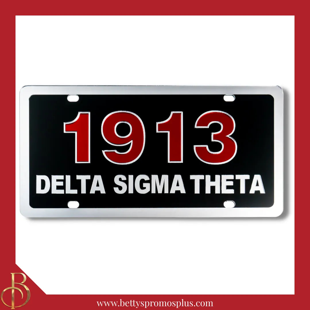 Delta Sigma Theta ΔΣΘ 1913 with Delta Sigma Theta Laser Engraved Mirrored Acrylic Auto Tag License Plate-Black Background-Silver Trim-Delta Sigma Theta Paraphernalia-Delta Sigma Theta Auto Tag-Betty's Promos Plus