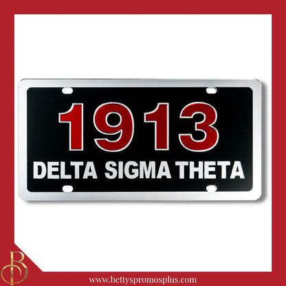 Delta Sigma Theta ΔΣΘ 1913 with Delta Sigma Theta Laser Engraved Mirrored Acrylic Auto Tag License Plate-Black Background-Silver Trim-Delta Sigma Theta Paraphernalia-Delta Sigma Theta Auto Tag-Betty's Promos Plus