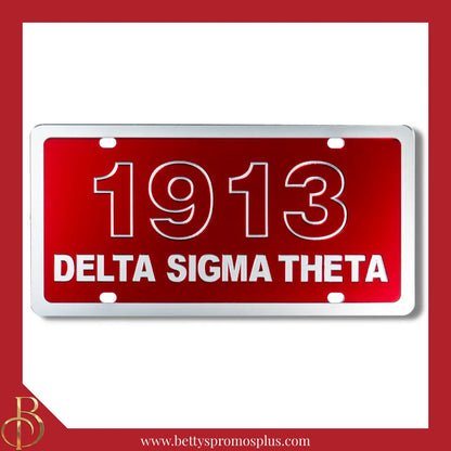 Delta Sigma Theta ΔΣΘ 1913 with Delta Sigma Theta Laser Engraved Mirrored Acrylic Auto Tag License Plate-Red Background-Silver Trim-Delta Sigma Theta Paraphernalia-Delta Sigma Theta Auto Tag-Betty's Promos Plus