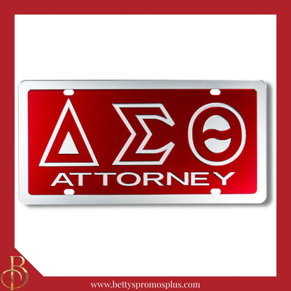 Delta Sigma Theta ΔΣΘ Attorney Laser Engraved Mirrored Acrylic Auto Tag License Plate-Red Background-Silver Trim-Delta Sigma Theta Paraphernalia-Delta Sigma Theta Auto Tag-Betty's Promos Plus