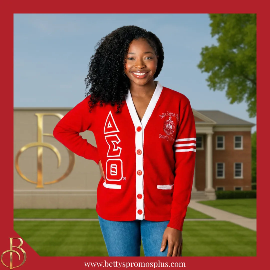 Delta Sigma Theta ΔΣΘ Cardigan Sweater with Double Stitched Twill Embroidered Letters & ΔΣΘ Shield-Delta Sigma Theta Paraphernalia-Delta Sigma Theta Sweaters-Betty's Promos Plus